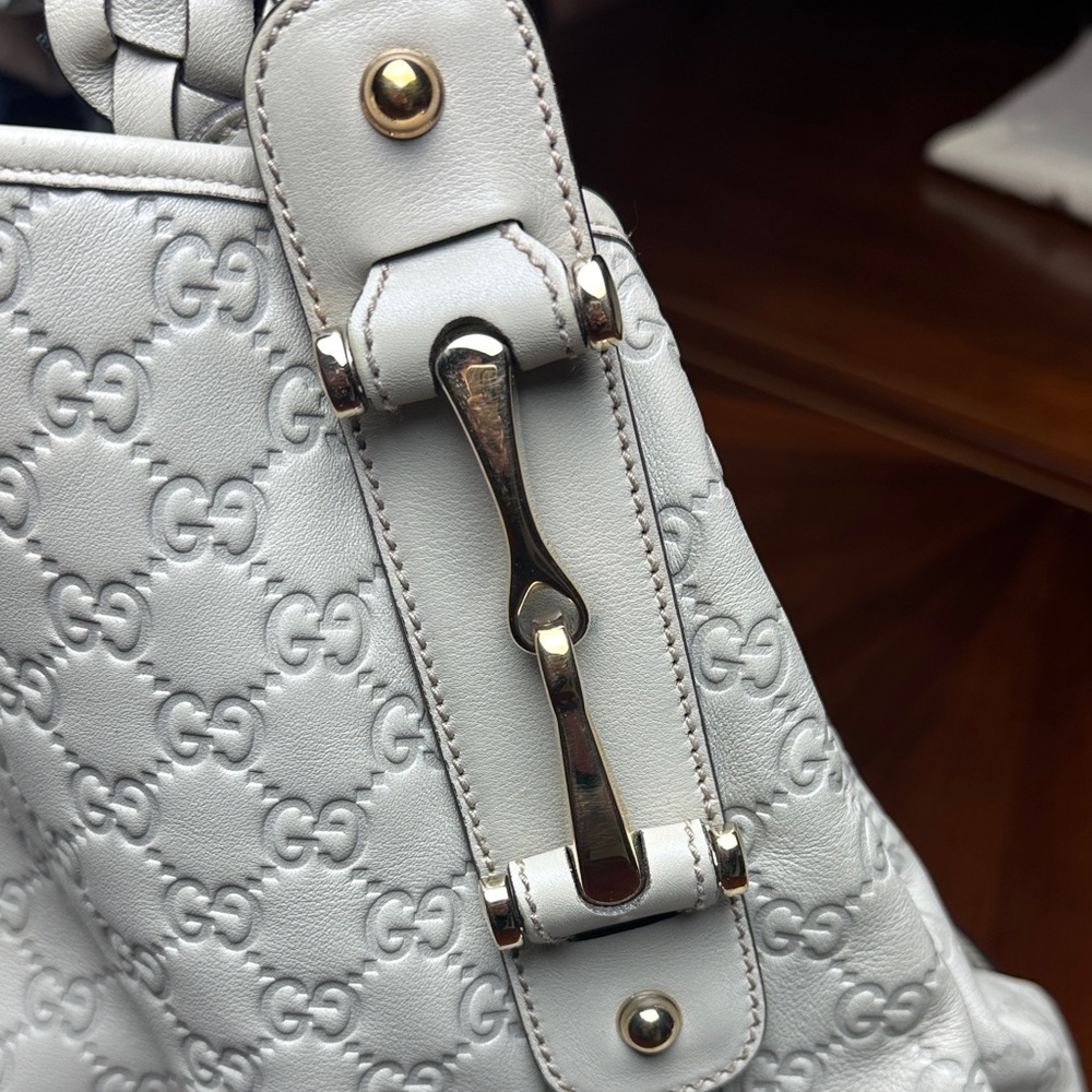 Gucci GG Monogram Embossed Leather Hobo Bag Ivory White Braided Handle - Picture 3 of 13
